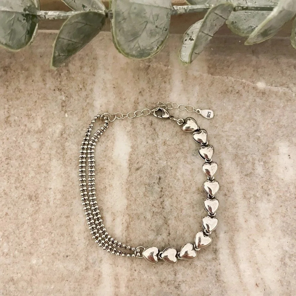 925 Sterling Silver Heart Pendant Bracelet Toggle Bracelet